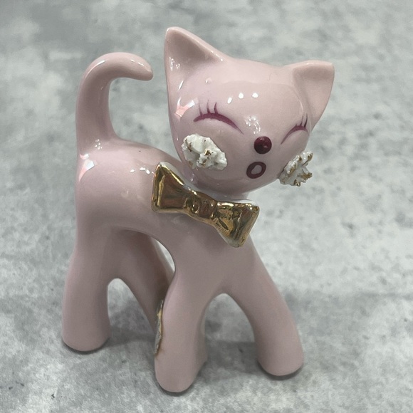 Vintage 1950’s Pink Porcelain Thames Spaghetti Cat w tag kitten gold Japan - Picture 14 of 14